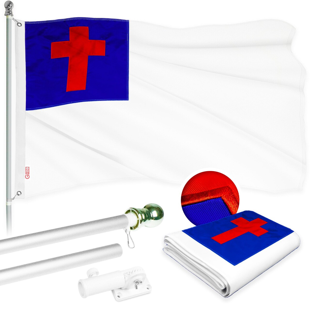 G128 Combo Pack: 5 Ft Tangle Free Aluminum Spinning Flagpole (Silver) & Christian Flag 2x3 Ft, ToughWeave Series Embroidered 300D Polyester | Pole with Flag Included